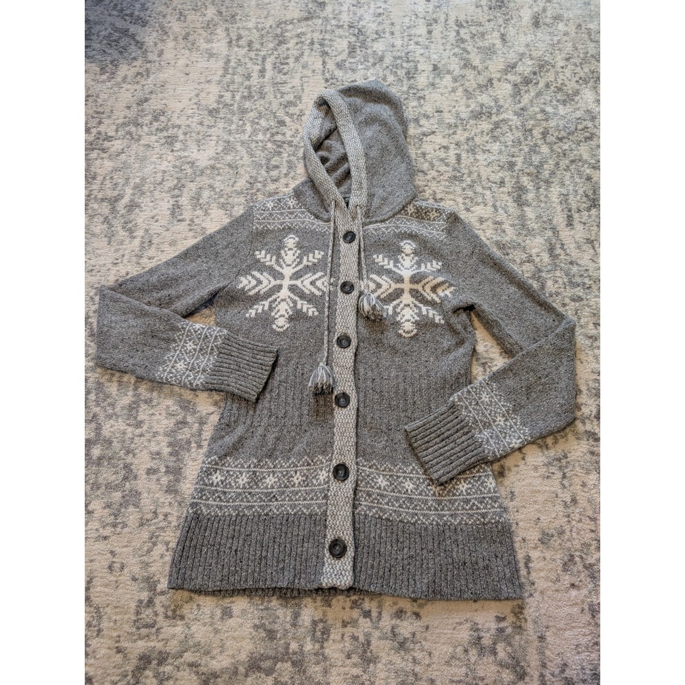 Eddie Bauer Gray Wool Blend Hooded Snowflake Button Cardigan Sweater Nordic XS